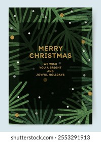 Merry Christmas and Happy New Year greeting card. Xmas cute background with of Christmas tree and snow pattern. Holiday vector templates for banner, invitation, poster, advertising, social media