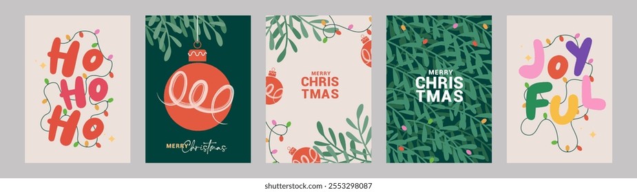 Merry Christmas and Happy New Year greeting card Set. Modern beautiful Xmas design with typography, Christmas tree branches, balls, leaf pattern.