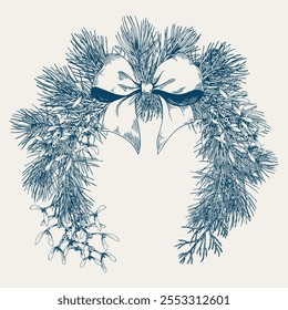 Merry Christmas and Happy New Year pine wreath. Hand drawn vector illustration. Vintage blue shade card.