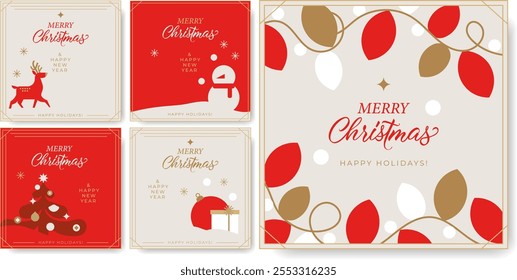 ¡Felices Navidades y Feliz Año Nuevo! Un conjunto de tarjetas de felicitación minimalistas. Diseño de Navidades estéticas con tipografía, árbol de Navidad, muñeco de nieve, ciervos, regalos y guirnaldas. 