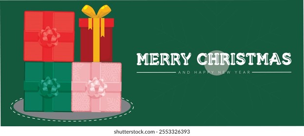 Merry Christmas and happy new year lettering 3d style typography art design. wish you Merry Christmas background with gift box light effect. Lettering Merry Christmas and Happy New Year. 