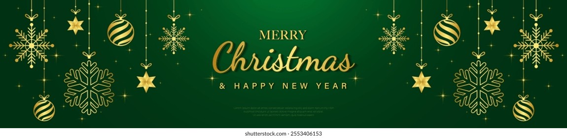 Merry Christmas and Happy New Year horizontal banner. Golden christmas balls and snowflake, stars, hanging on ribbon. Luxury and elegant green xmas background. Vector illustration