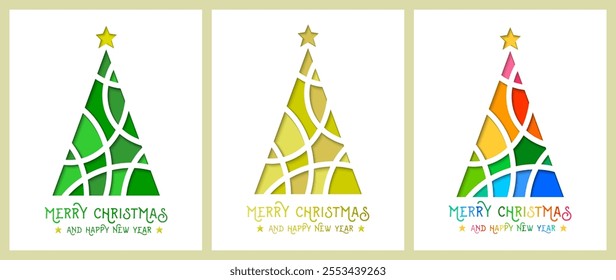 Merry Christmas and happy new year as greeting card set. Abstract Christmas tree in beautiful paper-cut art design.