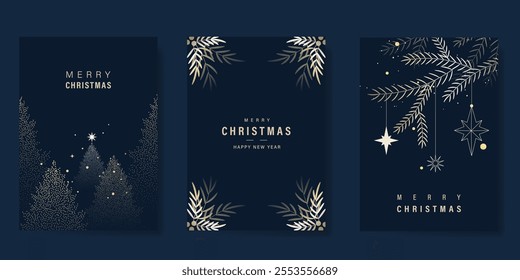 Merry Christmas and Happy New Year greeting card vector set. Luxury invitation with Christmas tree, leaves, sparkle, spot texture on navy blue background. Design illustration for season's card, ads.