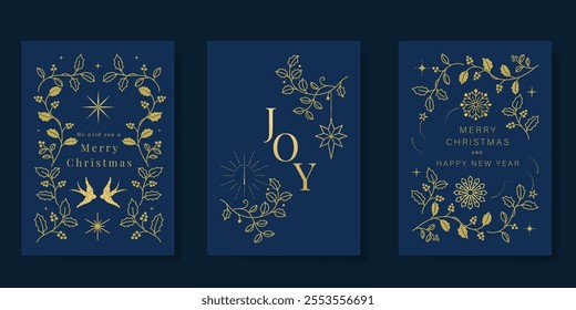 Merry Christmas and Happy New Year greeting card vector set. Luxury invitation with Christmas tree, leaves, sparkle, spot texture on navy blue background. Design illustration for season's card, ads.