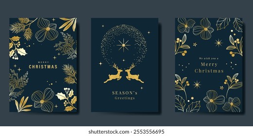 Merry Christmas and Happy New Year greeting card vector set. Luxury invitation with Christmas tree, leaves, sparkle, spot texture on navy blue background. Design illustration for season's card, ads.