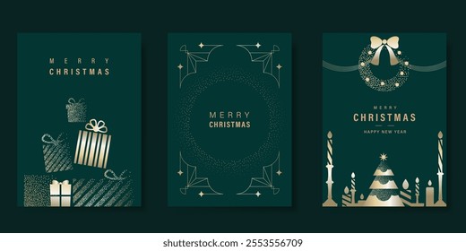 Merry Christmas and Happy New Year greeting card vector set. Luxury invitation with Christmas tree, leaves, sparkle, spot texture on navy blue background. Design illustration for season's card, ads.