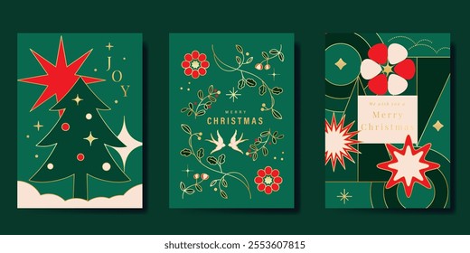 Merry Christmas and Happy New Year greeting card vector set. Luxury invitation with tree, holly leaves, bird, flower, gold line art on green background. Design illustration for season's card, ads.