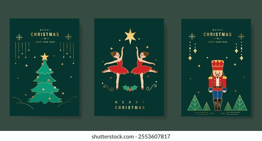 Merry Christmas and Happy New Year greeting card vector set. Luxury invitation with tree, bauble, nutcracker, angel, gold line art on green background. Design illustration for season's card, ads.