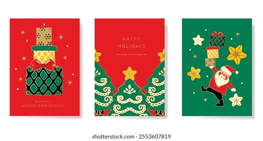 Merry Christmas and Happy New Year greeting card vector set. Luxury invitation with Christmas tree, gift, santa, star, gold line art on red background. Design illustration for season's card, ads.