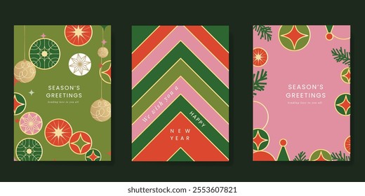 Merry Christmas and Happy New Year greeting card vector set. Luxury invitation with tree, bauble, pine leaves, gold line art on green and pink background. Design illustration for season's card, ads.