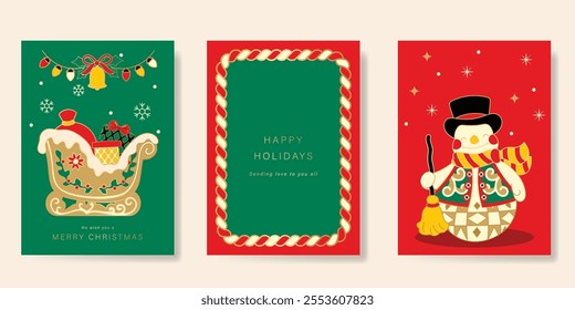 Merry Christmas and Happy New Year greeting card vector set. Luxury invitation with sleigh, snowman, gold line art on green, red and yellow background. Design illustration for season's card, ads.