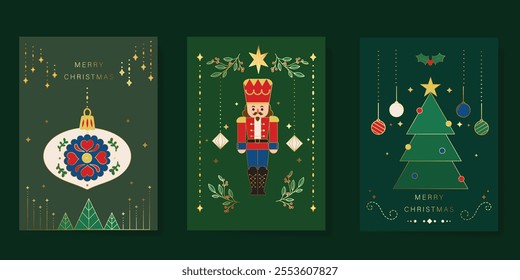 Merry Christmas and Happy New Year greeting card vector set. Luxury invitation with tree, bauble, holly, nutcracker, gold line art on green background. Design illustration for season's card, ads.