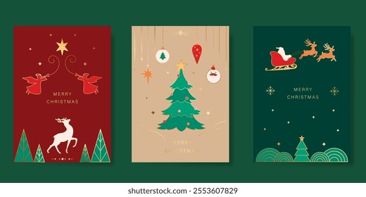 Merry Christmas and Happy New Year greeting card vector set. Luxury invitation with tree, bauble, sleigh santa, reindeer, gold line art on green background. Design illustration for season's card, ads.