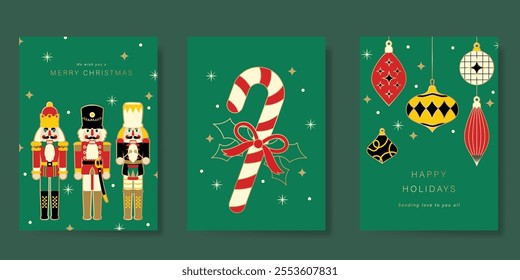 Merry Christmas and Happy New Year greeting card vector set. Luxury invitation with bauble, candy cane, nutcracker, gold line art on green background. Design illustration for season's card, ads.