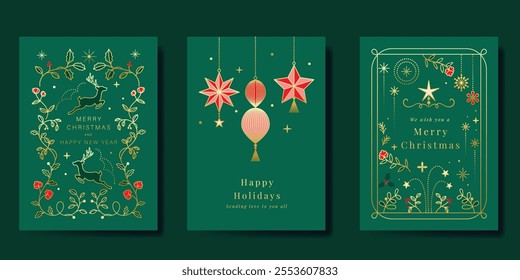 Merry Christmas and Happy New Year greeting card vector set. Luxury invitation with bauble, reindeer, holly leaves, gold line art on green background. Design illustration for season's card, ads.