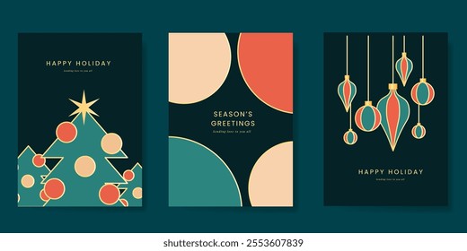 Merry Christmas and Happy New Year greeting card vector set. Luxury invitation with Christmas tree, bauble, gold line art on navy blue background. Design illustration for season's card, ads.