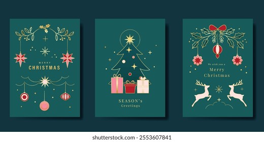 Merry Christmas and Happy New Year greeting card vector set. Luxury invitation with tree, holly leaves, reindeer, gift, gold line art on green background. Design illustration for season's card, ads.