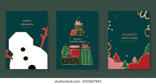 Merry Christmas and Happy New Year greeting card vector set. Luxury invitation with Christmas tree, snowman, gift, gold line art on green background. Design illustration for season's card, ads.
