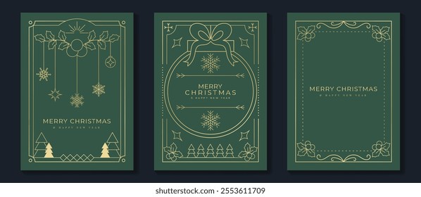 Merry Christmas and Happy New Year frame greeting card vector set. Luxury invitation with Christmas tree, bauble, holly line art on green background. Design illustration for season's card, ads.