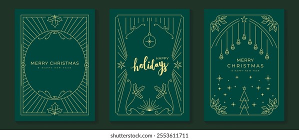 Merry Christmas and Happy New Year frame greeting card vector set. Luxury invitation with Christmas tree, bauble, holly line art on green background. Design illustration for season's card, ads.