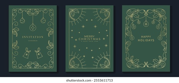 Merry Christmas and Happy New Year frame greeting card vector set. Luxury invitation with Christmas tree, bauble, holly line art on green background. Design illustration for season's card, ads.