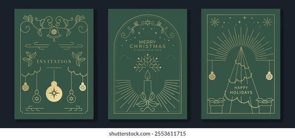 Merry Christmas and Happy New Year frame greeting card vector set. Luxury invitation with Christmas tree, bauble, holly, gift line art on green background. Design illustration for season's card, ads.