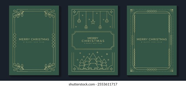 Merry Christmas and Happy New Year frame greeting card vector set. Luxury invitation with Christmas tree, bauble, holly line art on green background. Design illustration for season's card, ads.