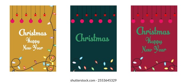 Merry Christmas and Happy New Year Set of greeting cards, holiday cover, invitation template. Modern Christmas lights background design with gold text. Vector template set for Christmas cards
