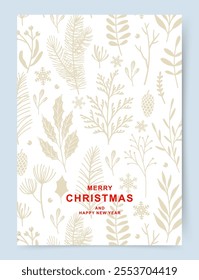 Merry Christmas and Happy New Year greeting card. Xmas background with a pattern of pine branches and winter plants. Holiday vector template for banner, invitation, poster, advertising