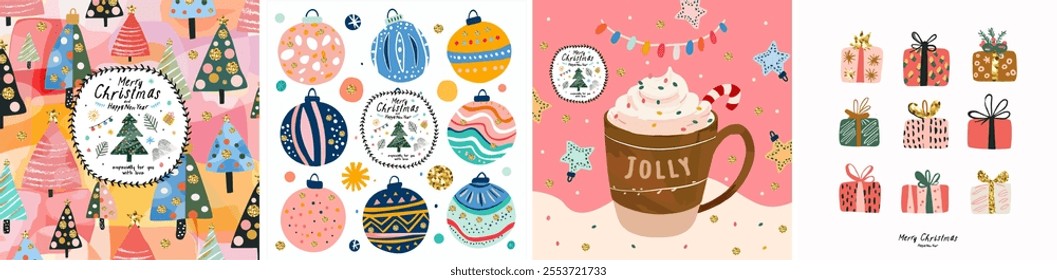 Merry Christmas and Happy New Year! 2025. Vector cute illustration of Christmas tree, Christmas tree decorations and balls, gifts, coffee with whipped cream, pattern for greeting card or background