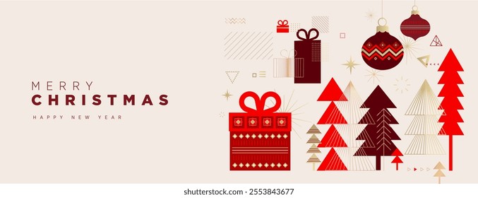 Merry Christmas and Happy New Year Greeting Card. Vector illustration for background, greeting card, party invitation card, website banner, social media banner, business and marketing material.