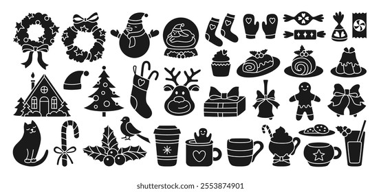 Merry Christmas and happy new year symbol element set. Xmas items cartoon illustrations sign silhouette collection. Christmas tree, festive wreath, candy bell glove, gift, winter holiday icon vector