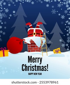 Merry Christmas, happy new year.  Santa Claus dives into the chimney. There are gifts from the bag next to it.  Christmas greeting card. vector illustration.