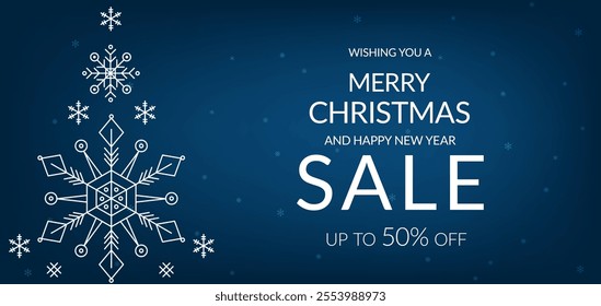 Merry Christmas and Happy New Year promo sale flyer with snowflake tree. For poster, banner, discount, special offer. Vector illustration EPS10