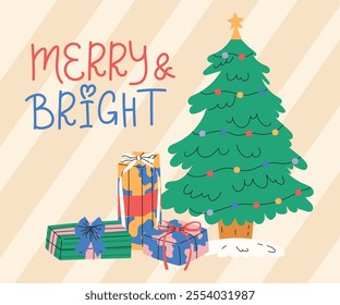 Merry Christmas and Happy New Year greeting card with Christmas wreath and garland. Cute holiday postcard. Vector stock illustration.