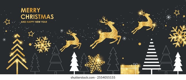 Merry Christmas and Happy New Year greeting card with golden glittering deer.