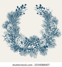 Merry Christmas and Happy New Year demi wreath with pine branches, cones and dried orange slices. Hand drawn vector illustration. Vintage blue shade card.