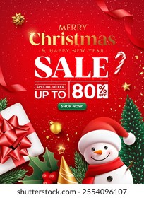 Merry christmas and Happy new year sale, snowman and ornaments poster flyer design on red background, Eps 10 vector illustration