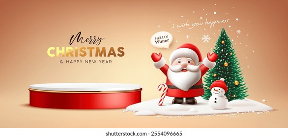 Merry Christmas and Happy new year red and white podium, Santa claus character say hello winter, snowman, pine tree, banner design on brown background, Eps 10 vector illustration
