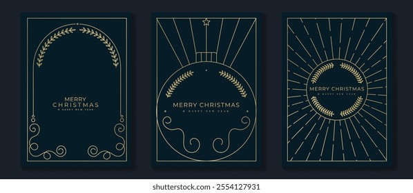 Merry Christmas and Happy New Year frame greeting card vector set. Luxury invitation with Christmas bauble, leaves, line art on navy blue background. Design illustration for season's card, ads.