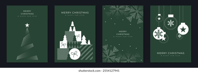 Merry Christmas and Happy New Year greeting card vector set. Luxury invitation with Christmas tree, bauble, gift, spot texture on green background. Design illustration for season's card, ads.