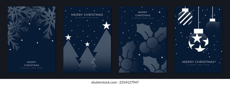 Merry Christmas and Happy New Year greeting card vector set. Luxury invitation with Christmas tree, bauble, holly, spot texture on navy blue background. Design illustration for season's card, ads.