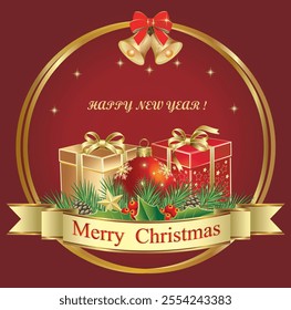 
Merry Christmas and Happy New Year background. Greeting card with gift boxes, ball, fir branches and rowan berries. Holiday composition decorated ribbon with congratulation text. Vector illustration