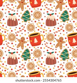 Merry Christmas and happy new year colorful seamless pattern. Repetitive design with gingerbread men for wrapping paper, cards and Christmas textiles. 