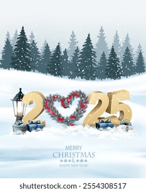 Merry Christmas and Happy New Year Holiday background with gift boxes, Christmas wreath and gold glitter 2025 numbers. Vector.