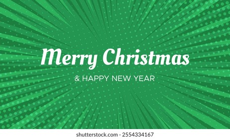 Merry Christmas and Happy New Year backdrop in pop art style. Green comic book halftone dotted background for Christmas holiday greeting card. Vector illustration