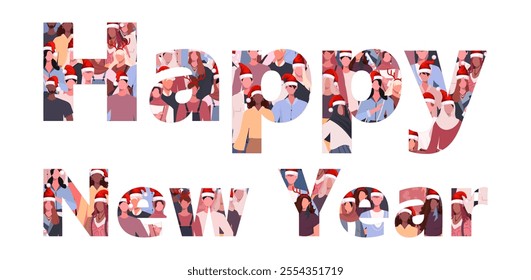 Merry Christmas and Happy New Year greeting card. Large group of people forming word Happy New Year.Santa Claus hats. Holiday weekend. Christmas party. Vector illustration. Not AI generated