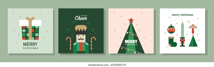 Merry Christmas and Happy New Year Set of greeting card, poster, holiday cover. Cute Xmas design,season greetings,Vector illustrations.