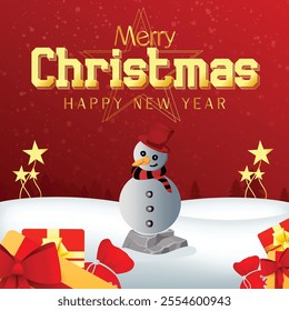 Merry Christmas and Happy New Year. Snowman, Golden star, Red Gift box. Vector  